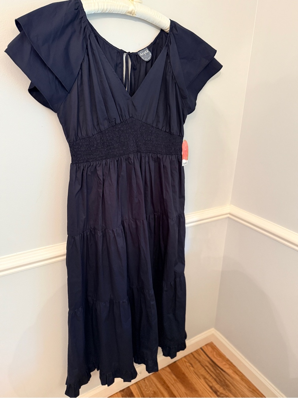 Arula Navy Tiered Midi Dress Smocked Waist Flutter Sleeve 2X NWT - Picture 4 of 12